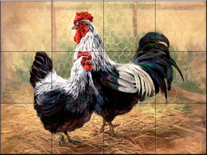 Ceramic Tile Mural – Black Rooster and Hen – by Laurie Snow Hein – Kitchen backsplash / Bathroom shower