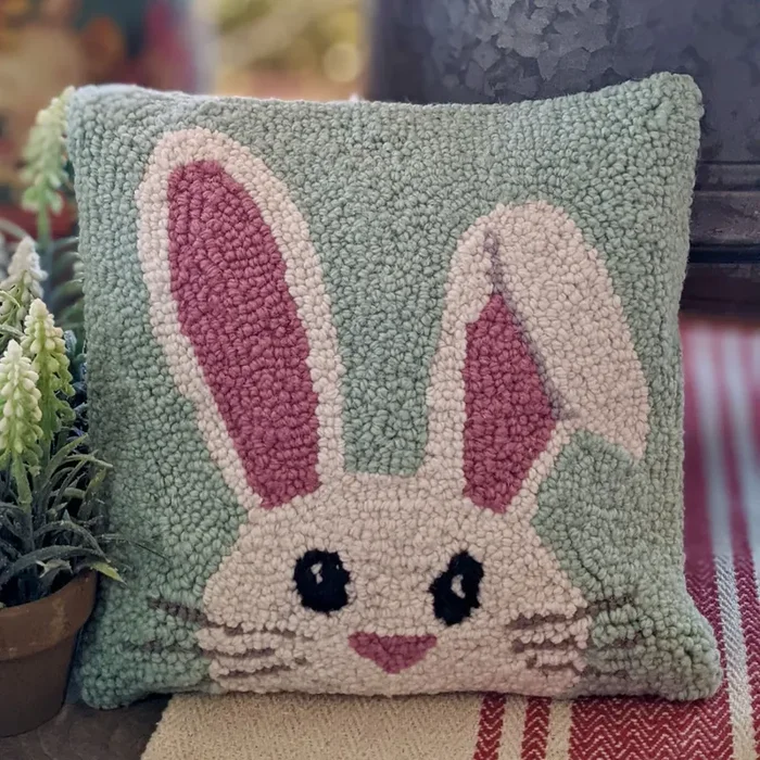Charming Easter Bunny Hooked Rug Accent Pillow