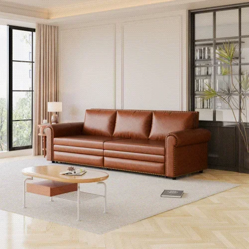 Chesterfield Sofa,93.7″ King Pull Out Sofa Bed, 3 In 1 Faux Leather Convertible Sleeper Sofa With Trim & Rolled Arm,Multi Functional Sofa Bed For Living Room,Bedroom,Apartment,Office Light Brown