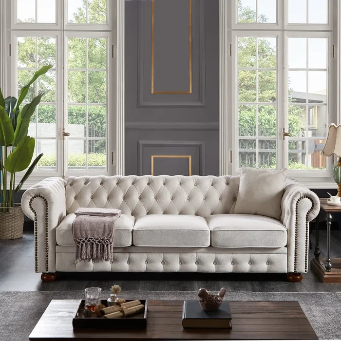 Chesterfield Sofa Beige Linen Fabric Beige Beige Foam Fabric