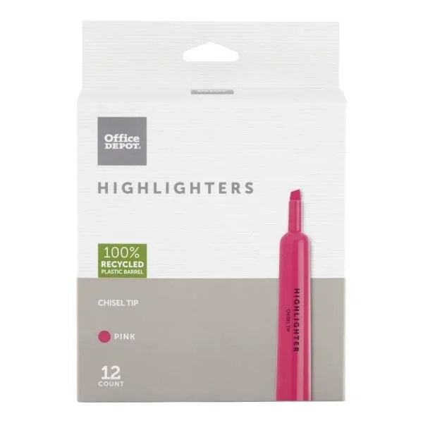 Chisel-Tip Highlighter, 100% Recycled Plastic Barrel, Fluorescent Pink, Pack Of 12