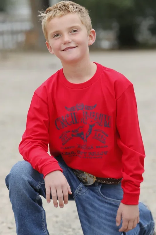 Cinch Boy’s Red No Easy Eight Long Sleeve T-Shirt