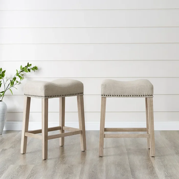 Coco Upholstered Backless Saddle Seat Counter Stools 24″ Height Set Of 2, Tan Tan Wood