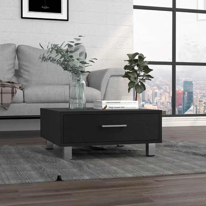 Coffee Table, One Drawer, Four Legs, Black Black Particle Board Particle Board