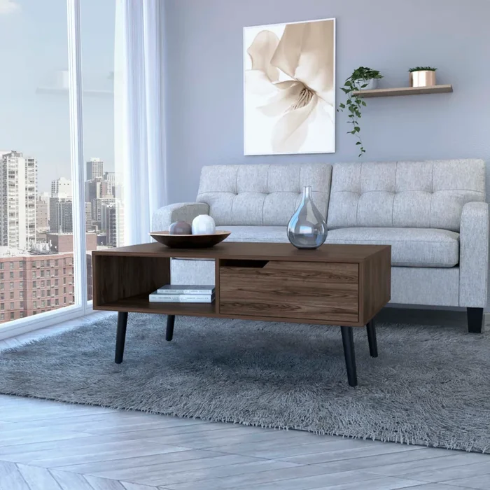 Coffee Table, One Open Shelf, One Drawer, Dark Walnut Brown Particle Board Particle Board