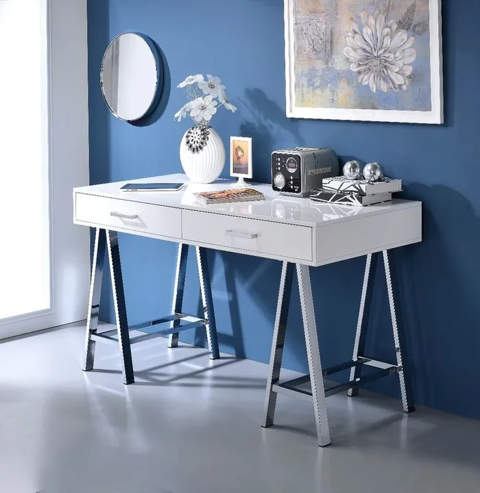 Coleen Built-in USB Port Writing Desk, White High Gloss & Chrome Finish