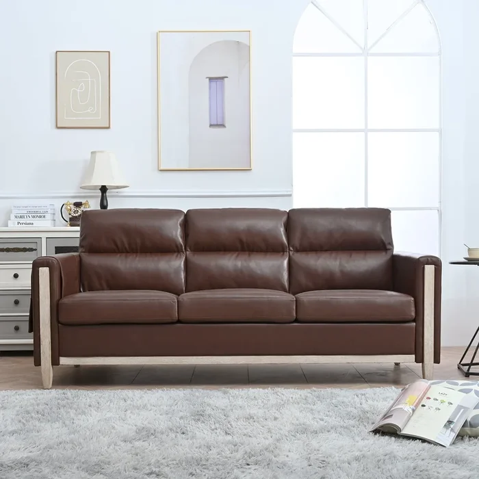 Comfortable Solid Wood Three Seater Sofa Soft Cushions, Durable And Long Lasting,79.5″ Sofa Couch For Living Room Brown Pu Pu