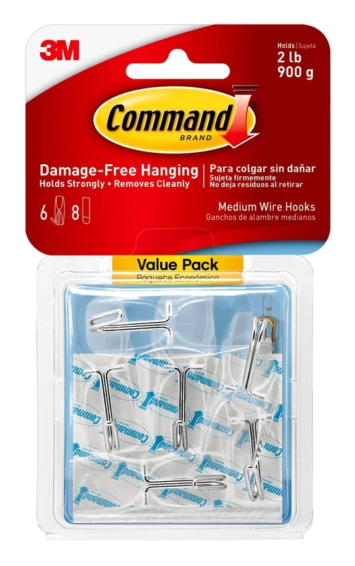 Command Wire Hook Value Pack, Clear, Medium, 6 Hooks, 8 Strips/Pack