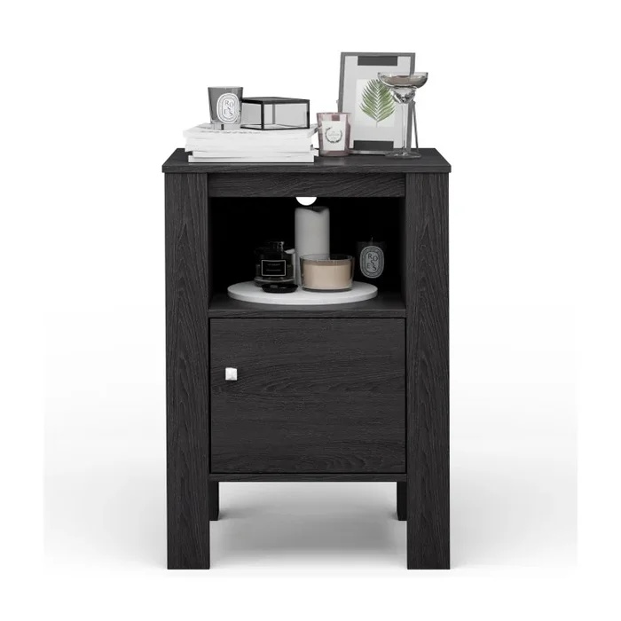 Compact Floor Farmhouse Nightstand with Open Shelf and Cabinet