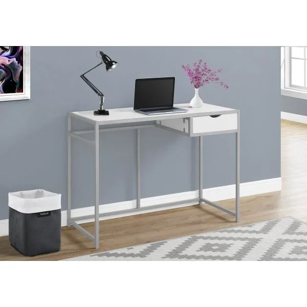 Computer Desk, Home Office, Laptop, Storage Drawer, 42″L, Work, White Laminate, Black Metal, Contemporary, Modern