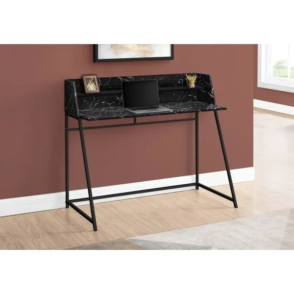 Computer Desk, Home Office, Laptop, Storage Shelves, 48″L, Work, Black Marble Look Laminate, Black Metal, Contemporary, Modern