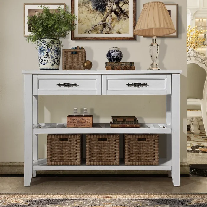 Console Sofa Table With 2 Storage Drawers And 2 Tiers Shelves, Mid Century Style 42” Solid Wood Buffet Sideboard For Living Room Furniture Kitchen Dining Room Entryway Hallway, Antique White Antique White Pine