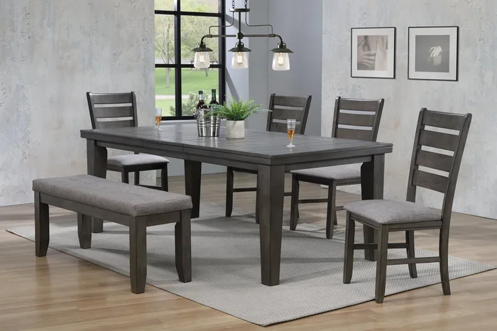 Contemporary 6Pc Dining Set 18″ Extendable Leaf Table Linen Look Fabric Upholstered Chair Bench Seats Gray Finish Wooden Solid Wood Dining Room Furniture Wood Wood Gray Ladder Back Seats 6 Wood Dining Room Extendable Contemporary 4 Leg Rectangular Dining