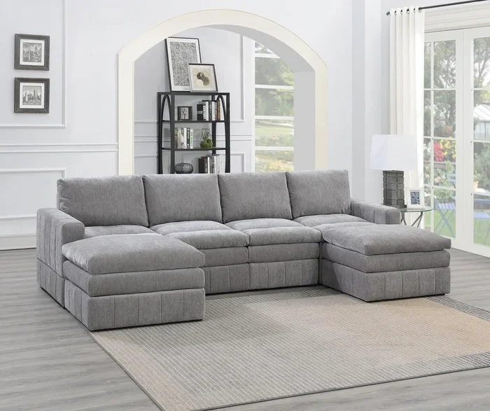 Contemporary 6pc Set Modular Sectional Set 2x One Arm Chair / Wedge 2x Armless Chairs 2x Ottomans Granite Color Morgan Fabric Plush Living Room Furniture