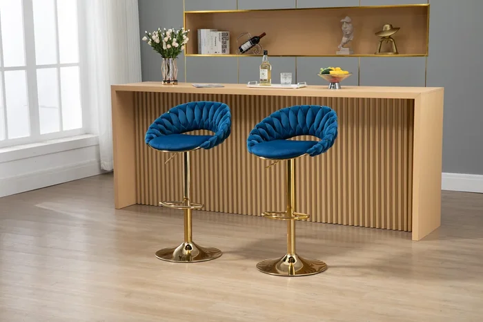 Coolmore Swivel Bar Stools Set Of 2 Adjustable Counter Height Chairs With Footrest For Kitchen, Dining Room 2Pc Set Navy Blue Polyester