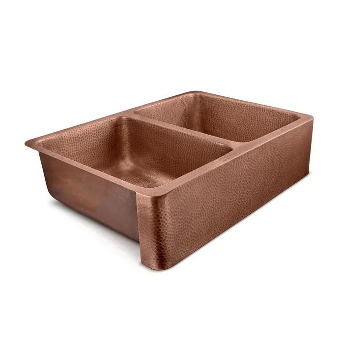 Copley Farmhouse Apron-Front Handmade Copper 32 in. 50/50 Double Bowl Kitchen Sink in Hammered Antique Copper