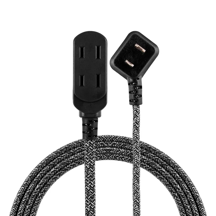 Cordinate Designer 3-Outlet Extension Cord, 2-Prong Power Strip, Extra Long 8 Ft Cable with Flat Plug, Braided Chevron Fabric Cord, Slide-to-Close Safety Outlets, Gray/Black, 42841