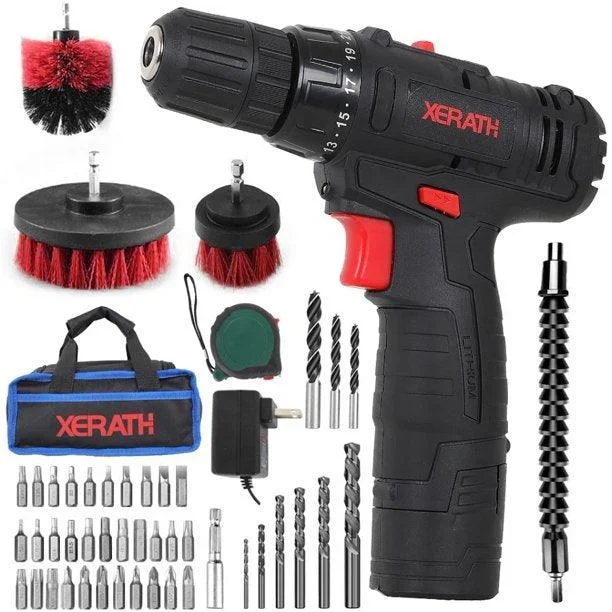 Cordless Drill/Driver Kit, 48pcs Drill Set Lithium-Ion Battery Brushes Tape Measure – 12V Max Drill 280 In-lb Torque, 18+1 Metal Clutch, 3/8″ Keyless Chuck, Built-in LED – Wood Bricks Walls Metal