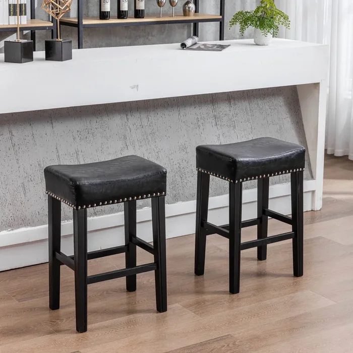 Counter Height 26″ Bar Stools for Kitchen Counter Backless Faux Leather Stools Farmhouse Island Chairs (26 Inch, Black, Set of 2)
