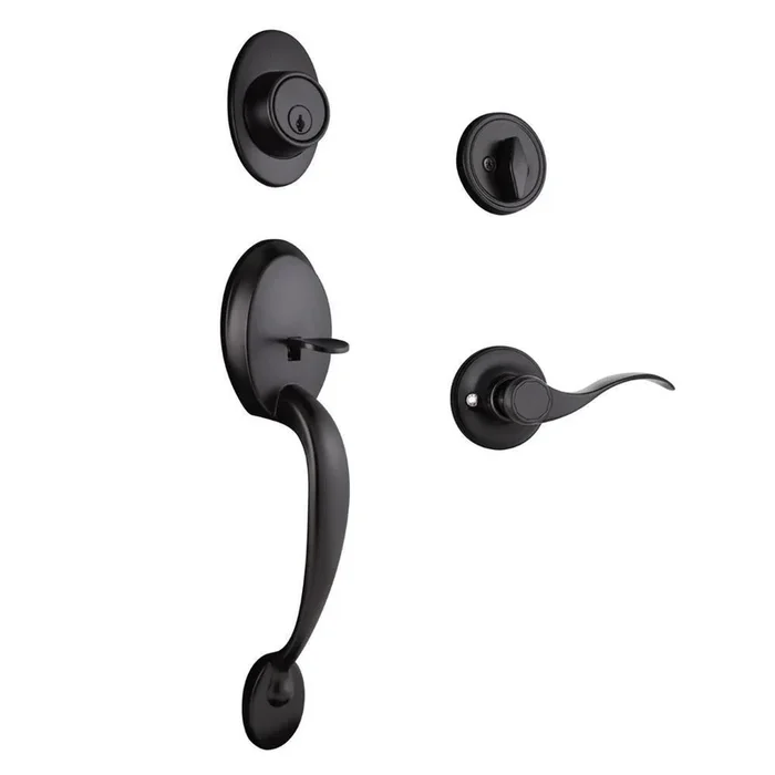 Coventry Matte Black Door Handleset with Springdale Lever Interior and Single Cylinder Deadbolt