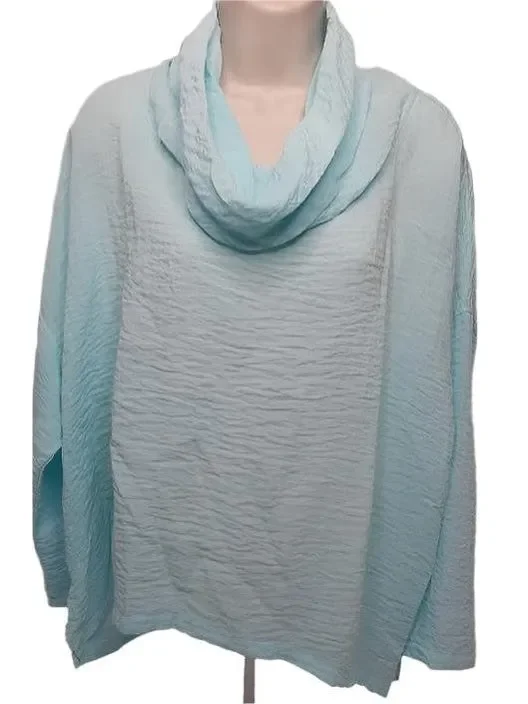 Cowl Shirt Pullover 3/4 Sleeve Turtle Neck Shear Aqua Blue Womens 11001161