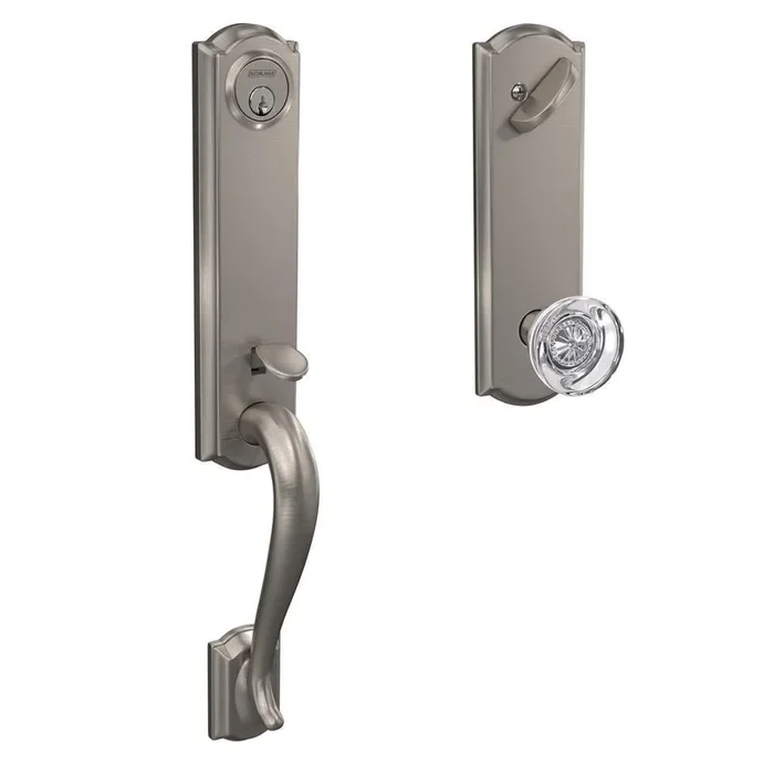 Custom Camelot Satin Nickel 3/4 Trim Single Cylinder Door Handleset with Hobson Glass Door Knob