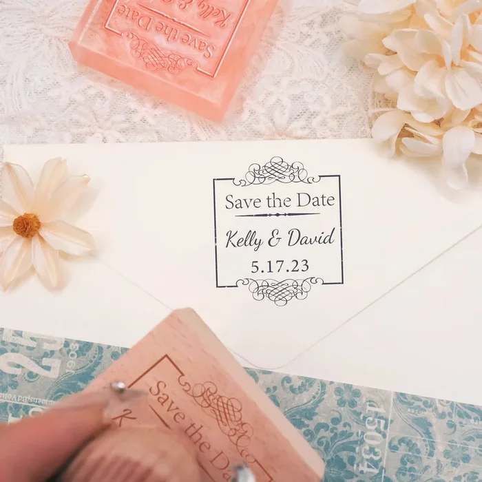 Custom Hand Drawn Border Wedding Save the Date Rubber Stamp