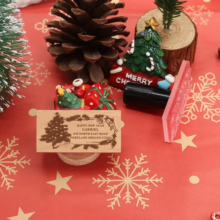 Custom Happy New Year Rectangle Address Rubber Stamp – Style 4