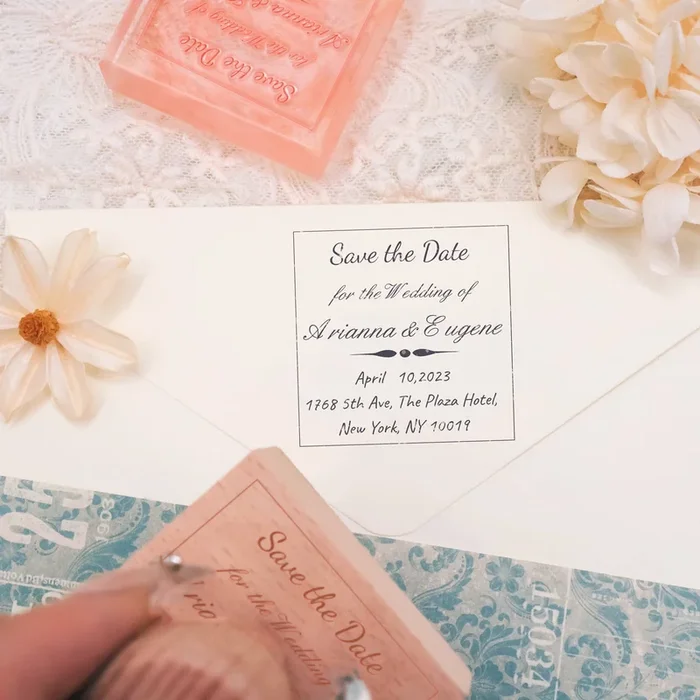Custom Minimalist Square Wedding Save the Date Rubber Stamp