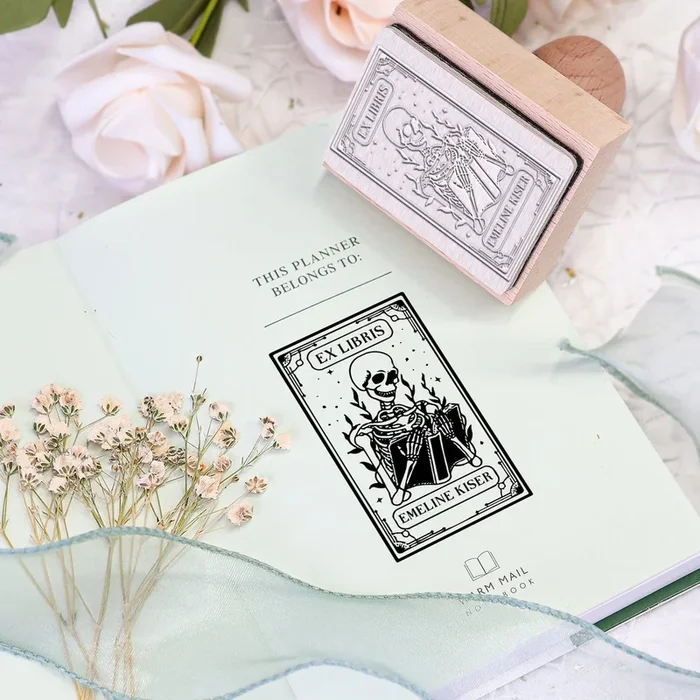 Custom Skeleton Reader “Ex Libris” Book Wooden Rubber Stamp