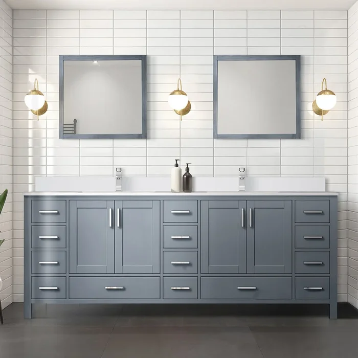 Dark Grey Double Bath Vanity 84 In. W X 22 In. D, White Quartz Top, And Faucet Set Dark Grey Plywood Wood