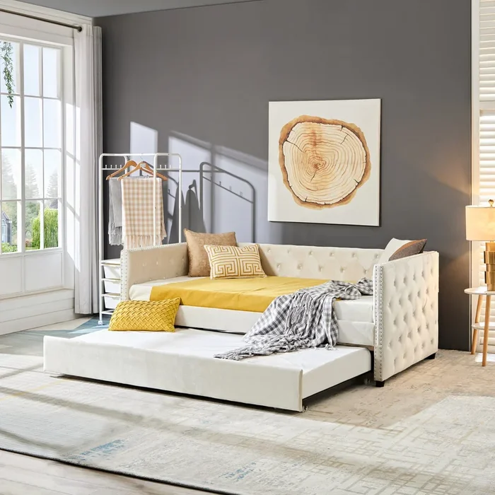 Daybed With Trundle Sofa Bed, Upgraded Velvet Upholstered Sofa Bed, With Button And Copper Nail On Square Arms,Bedroom Living Room Furniture Beige,Twin,83.47″X41.91″X30.71″ Twin Beige Wood Bedroom American Traditional Eucalyptus Bed Frame Polyurethane