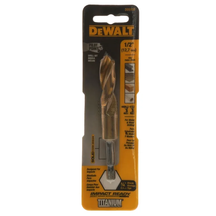 DeWALT DD5132 1/2″ Impact Ready Drill Bit, TiN Coated, Pilot Point 1/4″ Hex Quick Change Shank