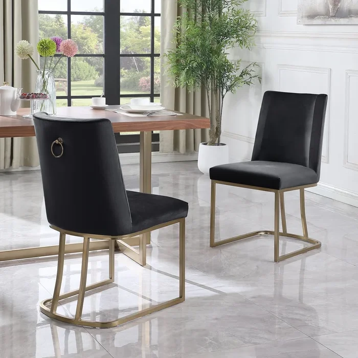 Dining Chairs, Velvet Upolstered Side Chair, Gold Metal Legs (Set of 2) – Black