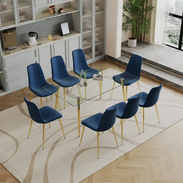 Dining Table Set of 9, 0.32″ Thick Tempered Glass Top Dining Table with Metal Legs and Eight Fabric Dining Chairs, Table Size: 62.99″ L x 35.43″ W x 29.92″ H