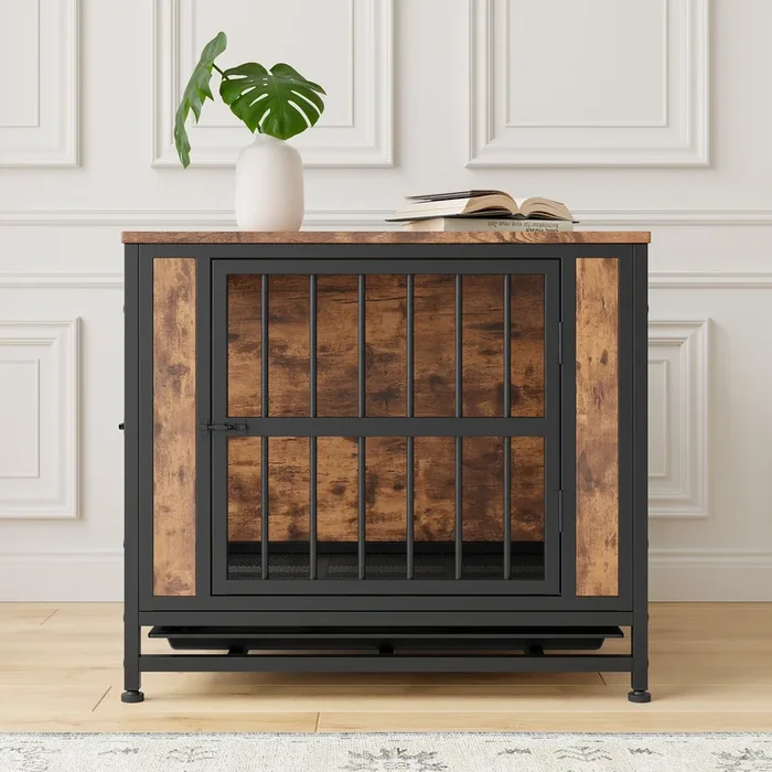 Dog Crate Furniture, Wooden Dog Crate Table, 27.48″ Dog Kennel With 2 Sliding Doors And Thick Iron Door Frame, Decorative Pet Crate House For Small Dog Indoor Use Rustic Brown Black Brown Small 11 25 Lbs Mdf Metal