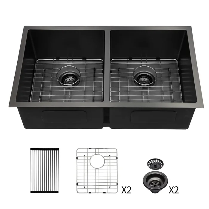 Double Bowl 50 50 Undermount Sink 33″X19″ Gunmetal Black Double Bowl Kitchen Sink 16 Gauge With Two 10″ Deep Basin Gunmetal Black Stainless Steel
