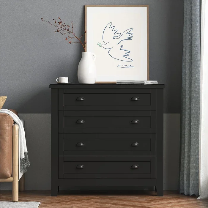 Drawer Dresser BAR CABINET side cabinet,buffet sideboard,buffet service counter, solid wood frame,plasticdoor panel,retro shell handle,applicable to dining room, living room, kitchen, corridor,black