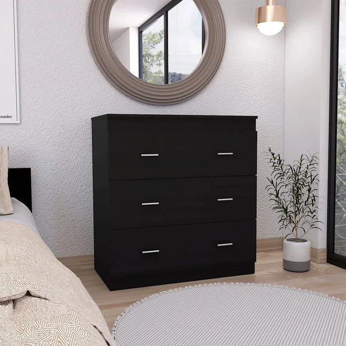Dresser 33″H, Three Drawer, Superior Top, Metal Handles, Black Black Pine Particle Board Engineered Wood