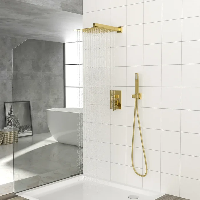 Dual Shower Head 10 Inch Wall Mounted Square Shower System With Rough In Valve,Gold Gold Stainless Steel