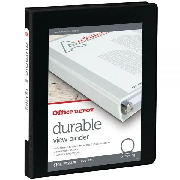 Durable View 3-Ring Binder, 1/2″ Round Rings, Black