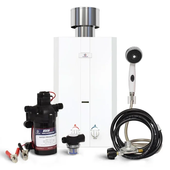 Eccotemp L10 3.0 GPM Portable 75,000 BTU Liquid Propane Outdoor Tankless Water Heater Eccoflo Pump&Strainer & Shower Set
