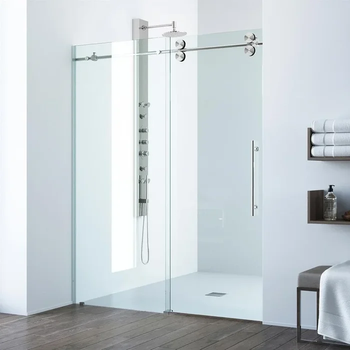 Elan 52 to 56 in. x 74 in. Frameless Sliding Shower Door in Stainless Steel with Clear Glass and Handle