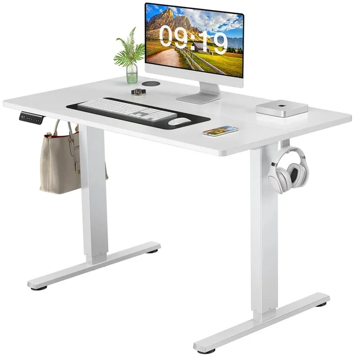 Electric Height Adjustable Standing Desk,Sit To Stand Ergonomic Computer Desk,White,40” X 24″ White Wood