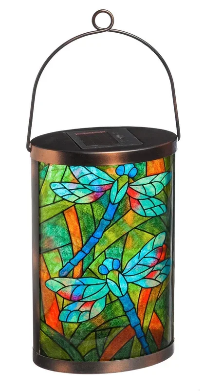 Evergreen Solar Lantern, Tiffany Inspired Dragonfly, 6” x 3.8” x 14.8” inches.
