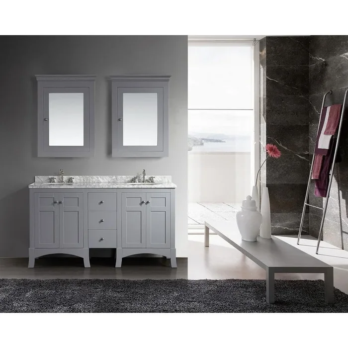 Eviva New York 60″ Grey Vanity, with White Marble Carrera Counter-top, & Sink