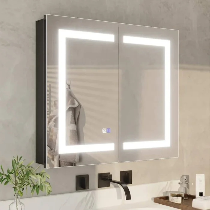 ExBrite 30 in. W x 26 in. H Rectangular Silver Aluminum Recessed/Surface Mount Dimmable Medicine Cabinet with Mirror LED