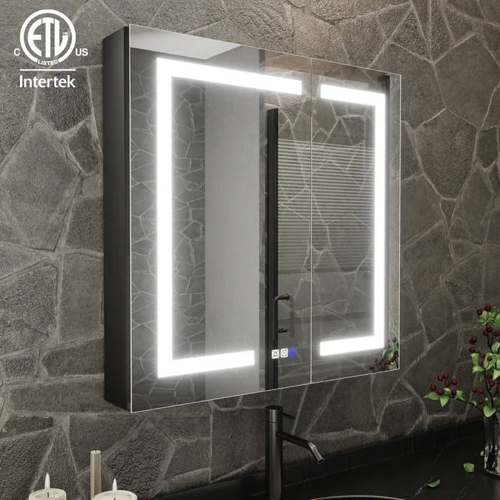 ExBrite 30-in x 30-in Lighted LED Fog Free Surface/Recessed Mount Matte Black Mirrored Soft Close Medicine Cabinet with Outlet