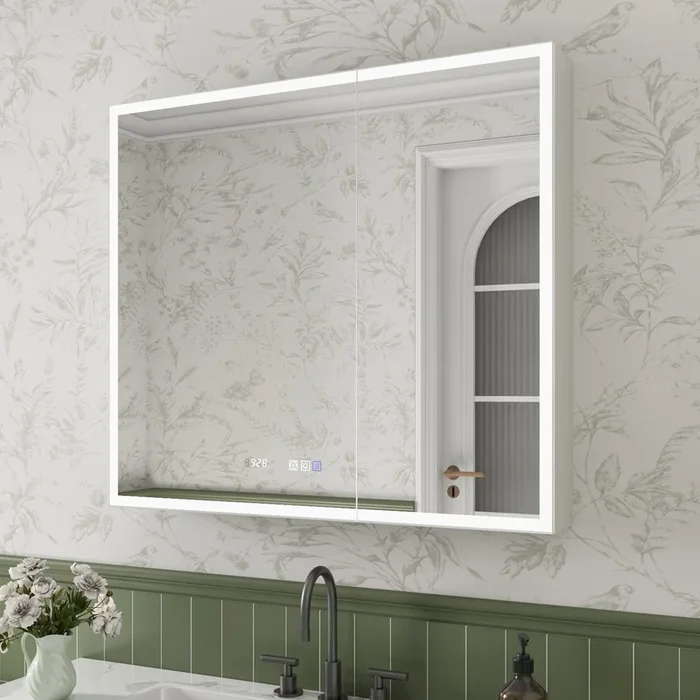 ExBrite Luvia 36-in x 32-in Lighted LED Fog Free Surface/Recessed Mount Silver Mirrored Soft Close Medicine Cabinet with Outlet