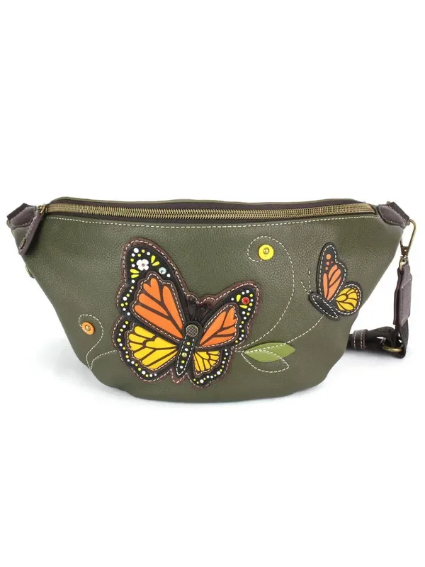 -Fanny Pack Olive Monarch Butterfly Rfid Faux Leather 861Mb7